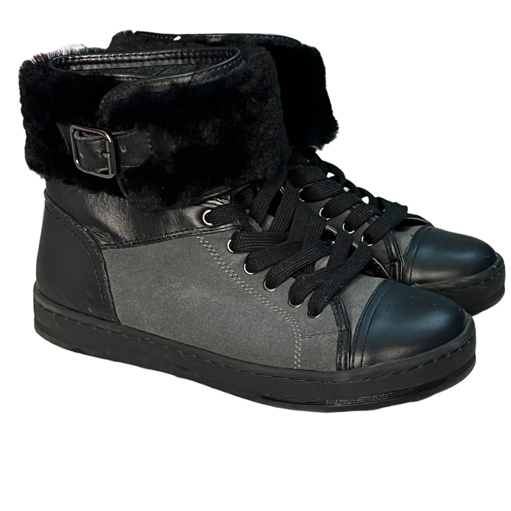 Boots - ALDO Boots Black Leather Suede Cap Toe Faux Fur Strap Buckle EUC #SB6